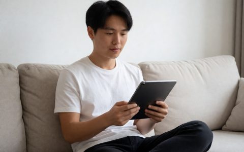 普通观众在沙发上用平板浏览目录页面,屏幕光映在客厅墙上